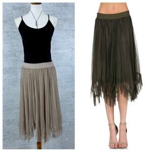 O2 Collection tan swiss dot sheer mesh handkerchief tulle midi skirt